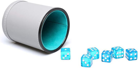 Leatherette Dice Cup Set Lake Blue Velvet Interior Quiet in Shaking with 6 Matching Translucent Dot Dice for Liars Dice Farkle Yahtzee Board Games, 1 Pack