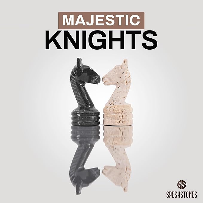 Marble Chess Pieces 3.5 Inch Travertine and Black Stone Figures for Classic Chess and Checkers Board Games Accessories, Ideal Travel Set & Strategy Play for Adults and Family