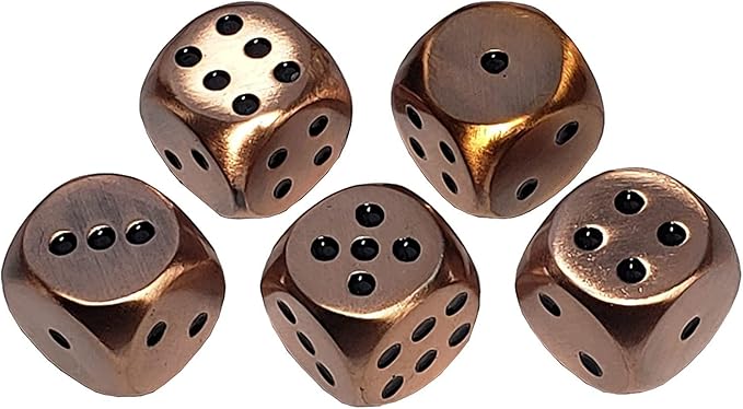 (6) Weighty Zinc Alloy Dice with Storage Pouch AMD Dice Rolling Felt Tray - Antique Copper with Black Dot (Antique Copper with Black Dots)