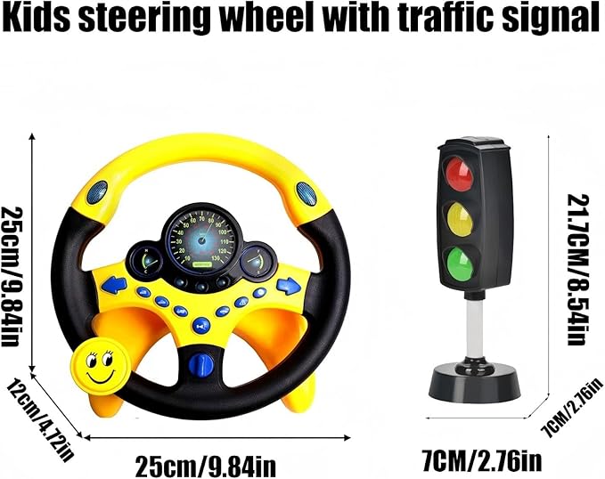 Kids Driving Toy Set with Interactive Steering Wheel and Traffic Light-Simulate Driving Car Steering Wheel Toy for Kids with Dashboard Display, Yellow and Black
