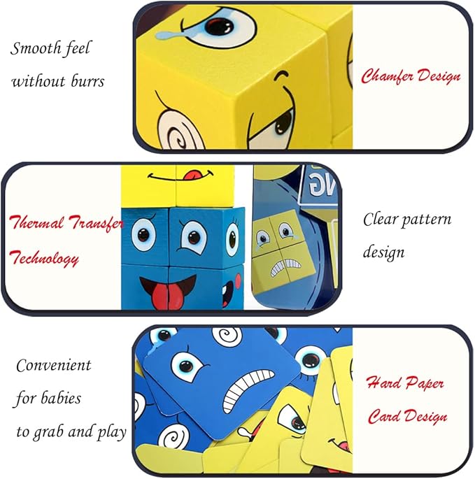 Speed Cube Wooden Expressions Matching Block Puzzles Cute Portable Face-Changing Cube Building Cubes Blocks Parent-Child Board Educational Games for Kids