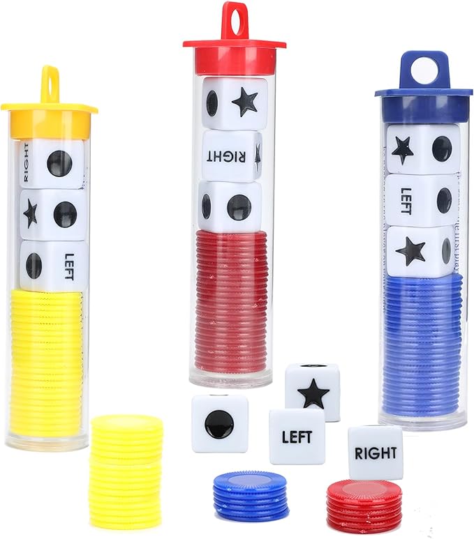 3 Pack Left Dot Star Right Dices Chips Game Set Plastic Dot-Right-Star-Left Dices and Chips Game Fun Multiplayer for Travel Party Activity