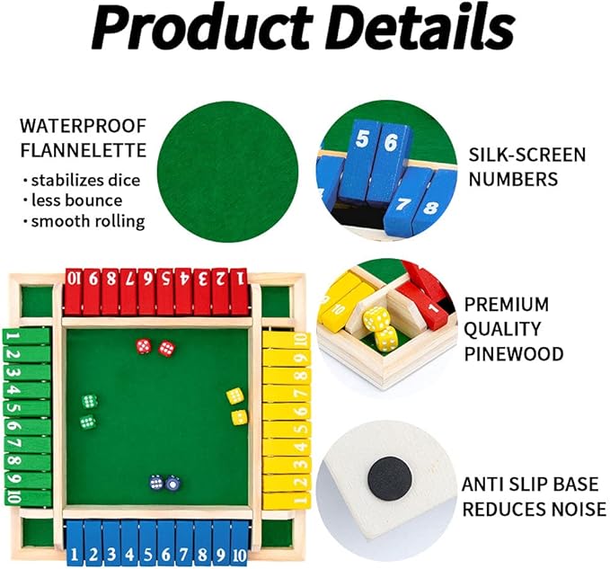 Nicecho Shut The Box Dice Game,2-4 Player Family Wooden Board Table Math Games for Adults and Kids, 8 Dices Classics Tabletop Version Games for Classroom,Home,Party or Pub