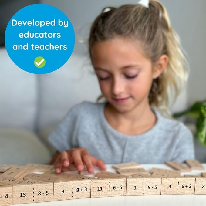 Math Domino Game for 1st & 2nd Grade | Wooden Algebra Dominoes Plus/Minus | Educational Learning Toy for Kids 6+ | Classroom, Homeschool & Teaching Supplies