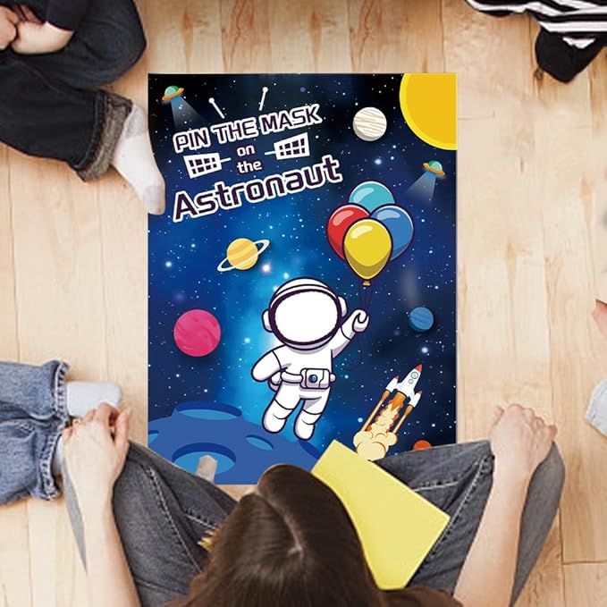 Pin The Mask on The Astronaut Games, Space Birthday Games for 24 Players First Trip Around The Sun Sticker Game Astronaut Poster with 24 Stickers and 2 Eye Masks Space Decorations