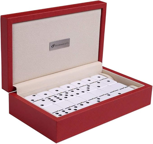 Silverman & Co. Double 6 Large White Domino Set - Red Case