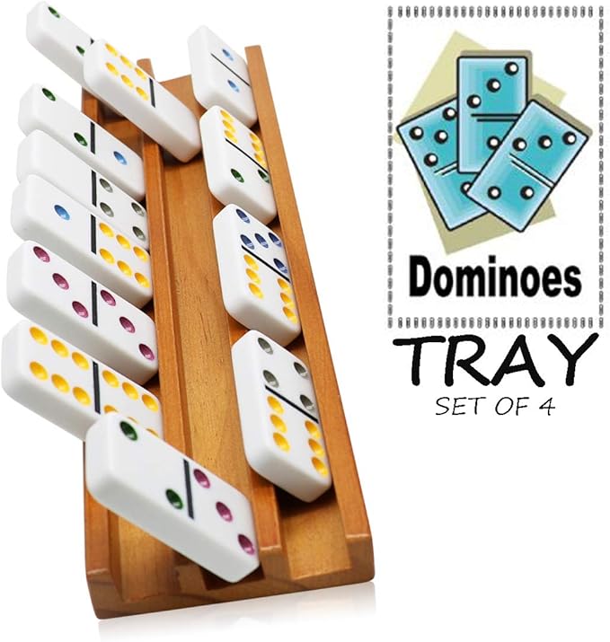 Exqline Wooden Domino Racks Trays Holders Organizer(Set of 4) - Premium Domino Tiles Holder Racks for Mexican Train Dominoes Games - Dominos NOT Included