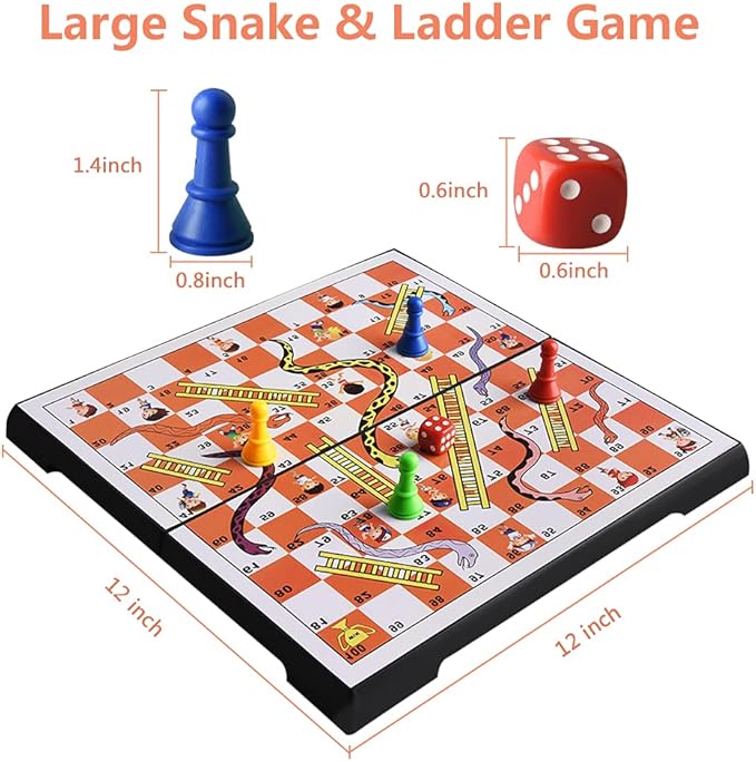 Magnetic Folding Snakes & Ladders Game Set 11.8 inch Portable Family Fun Board Game for All Ages-in Storage（Large Size 30x30cm ）