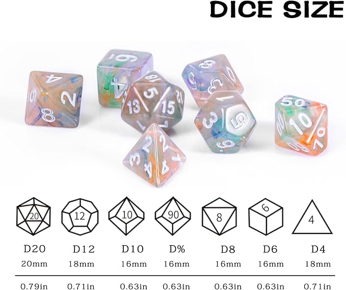 Role Playing Dice Set - 16mm Transparent Polyhedral DND Dice in Mixed Colors (Orange, Green, Purple) - Perfect for Dungeons and Dragons, Tabletop Games, and Math Teaching