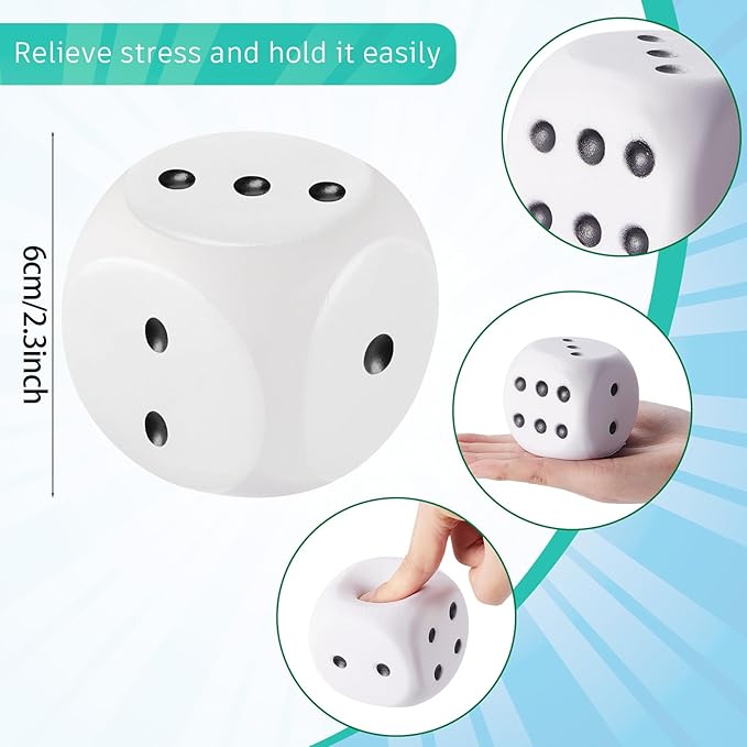 Zomiboo 2 Pcs Large Foam Dice Stress Balls Soft Jumbo 6 Sided Giant Dice Educational Learning Squeeze Anxiety Relieve Toy Gifts for Adults Kids Board Game Classroom(Green,White,2.3 Inch)