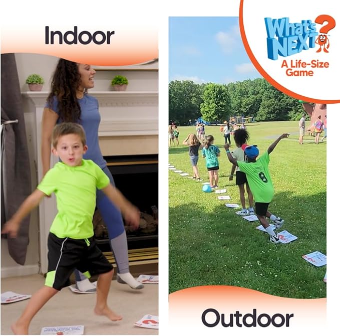 M&J Games What's Next? A Life-Size Game, Jumbo Sized, Create Memories, Family Game Night, Elementary School Class Activity, Interactive Board Game, Floor Game, Ages 4+, 25 Action Tiles, Giant Foam Die