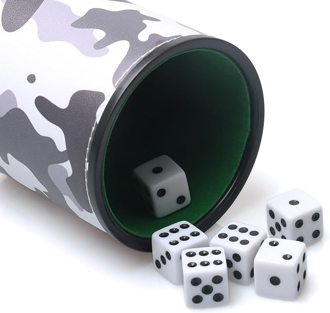 PU Leather Dice Cup Set, Felt Lined Camouflage Dice Shaker with 6 Dice for Liars Farkle Yahtzee Game
