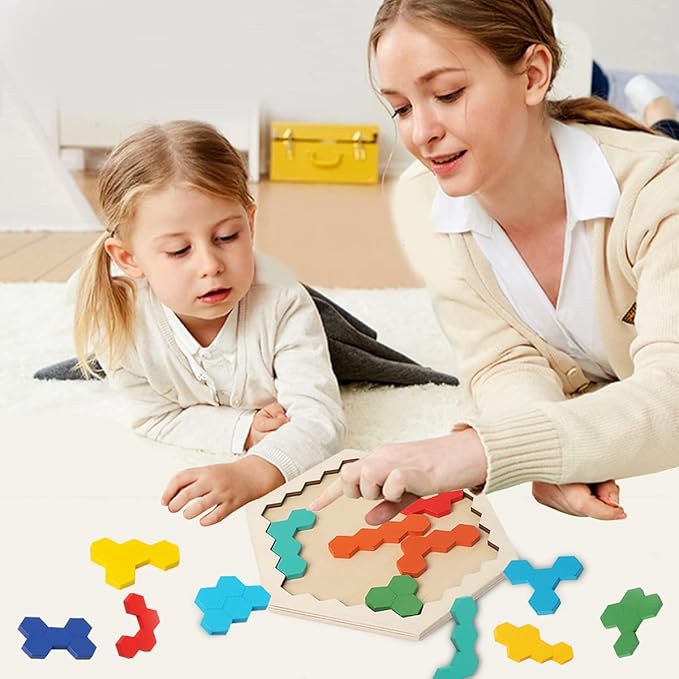 Wooden Puzzles for Kids,Brain Teaser Puzzles for Adults,STEM Montessori Educational Hexagon Puzzles Block Family Games Birthday Easter Gift for All Ages Challenge