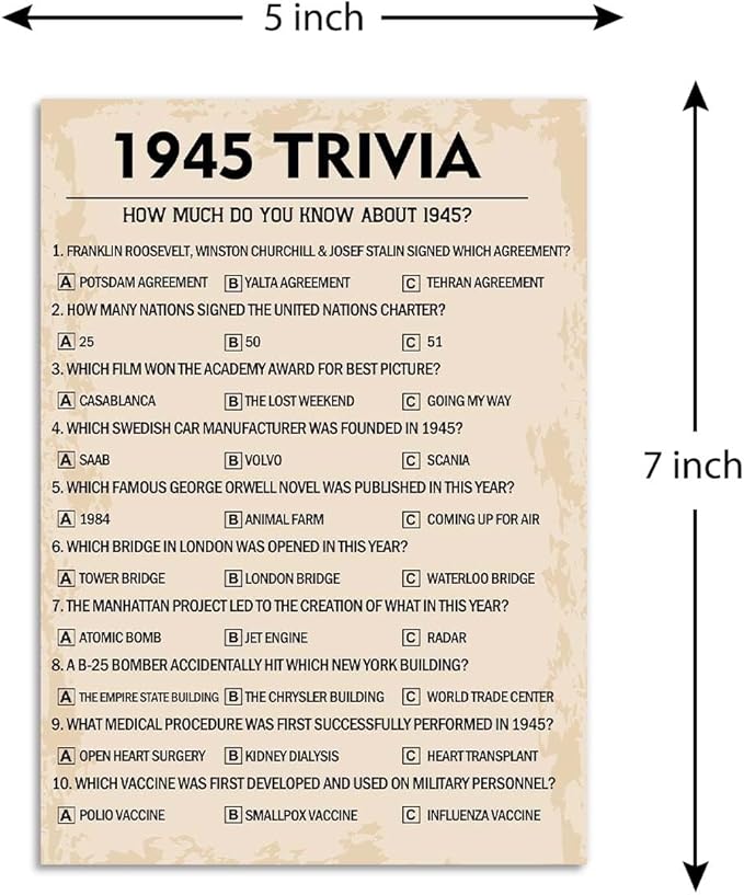 80th Birthday Party Games, 1945 Trivia Games, Birthday Party Supplies for Adults, Fun 1945s Party Game，Pack of 30 Cards