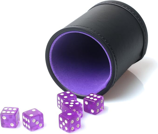 PU Leather Dice Cup Set, Purple Velvet Interior Dice Cup Shaker Quiet with 6 Purple Translucent Dice for Liars Dice/Farkle/Yahtzee Games, 1 Pack