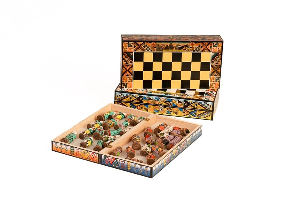 Illari Peru. Chess set Peruvian with storage box. Incas Vs Spanish Conquerors. Hand Painted Wooden. Small 7.8 x 7.8 inches. Medium10.2 x 10.2 inches. Large 15.8 x 15.8 inches.. (L, RED)