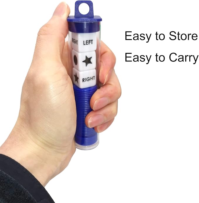 Left Right Center Dice Game Prime Set Bundle with 3 Dices + 36 Chips. Round Tube Storage is Very Convenient for Travel. Easy to Store, Carry Around. (Blue)