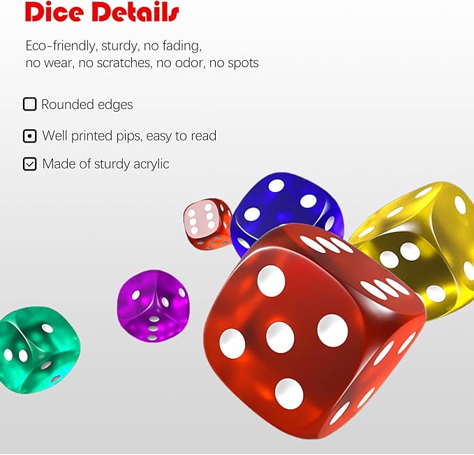 30 Pieces 6 Sided Dice Set 6 Colors 18MM Transparent Acrylic Dice for DND, MTG, RPG, Tenzi, Yahtze, Bunco, Table Borad Games, Math Teaching (30pcs-18mm-6 Colors)