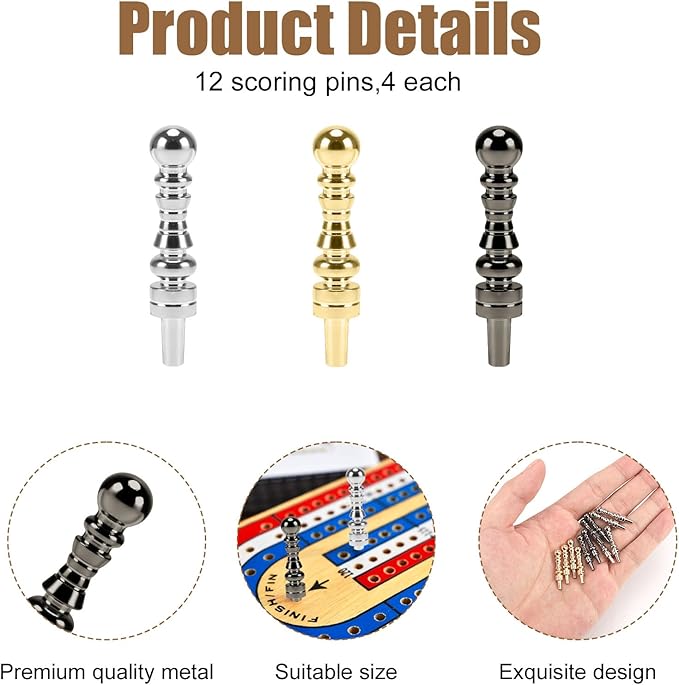 12pcs Metal Cribbage Pegs Fit Cribbage 1/8 Holes, Unique Crib Board Pegs Scoring Pins Crib Accessories for Family Friends Traditional Board Game (Gold, Silver, and Black)