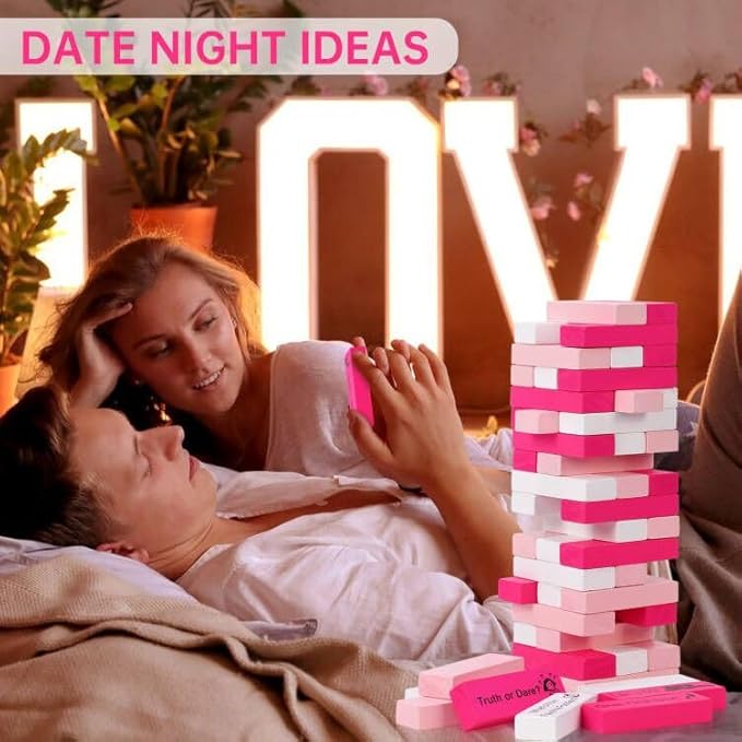54 Pink & White Wooden Blocks with 6 DIY Challenges, Romantic Stacking Tower for Couples Game Date Night, Valentine Wedding