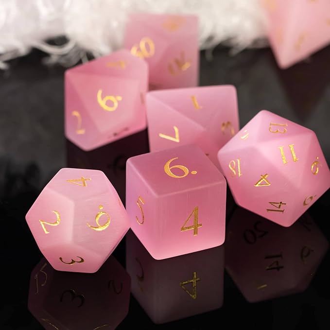 UDIXI Natural Gemstone Dice Set, 7PCS Crystal DND Dice for Dungeons and Dragons, Handmade Stone Dice for Table Games(Pink Cat's Eye)