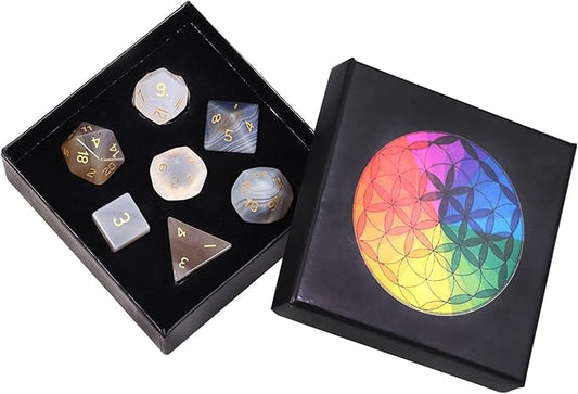 Nupuyai Healing Grey Agate Crystal D&D Polyhedral Dice Set with Box for Dungeons and Dragons, Set of 7 Table Top Game Dice for RPG MTG Roleplaying Collection