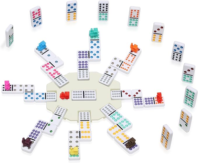 Mexican Train Dominoes Set with 4 Wooden Trays/Racks, Double 12 Dominos Travel Set with 4 Domino Tiles Holders, 91 Tiles Double 12 Colored Dominoes Game Set with Portable Case for Families Kids