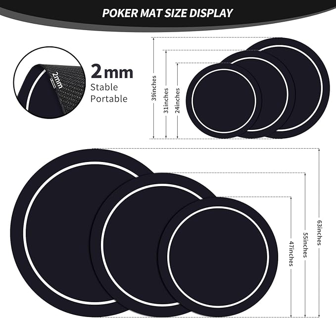 nuveti 24/31/47/55/63inch Round Poker Mat for Texas Holdem | Portable Poker Table Top with Art Deco Layout Print 6-8 Player Game Layout Mat to Play Cards, Poker Games, Blackjack, Casino