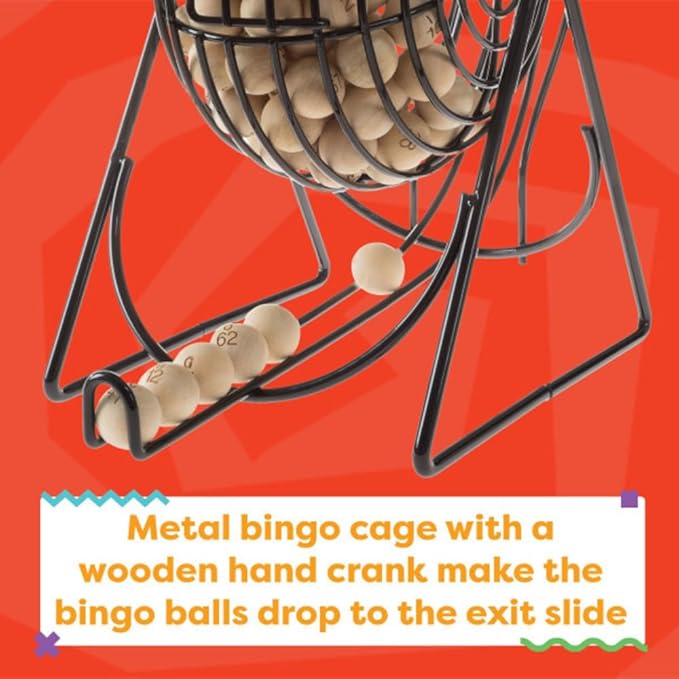 Hey! Play! Deluxe Bingo Game with Metal Ball Spinner, Wooden Bingo Balls, Wood Master Board, and Different Shutter Bingo Cards for Up to 8 Players