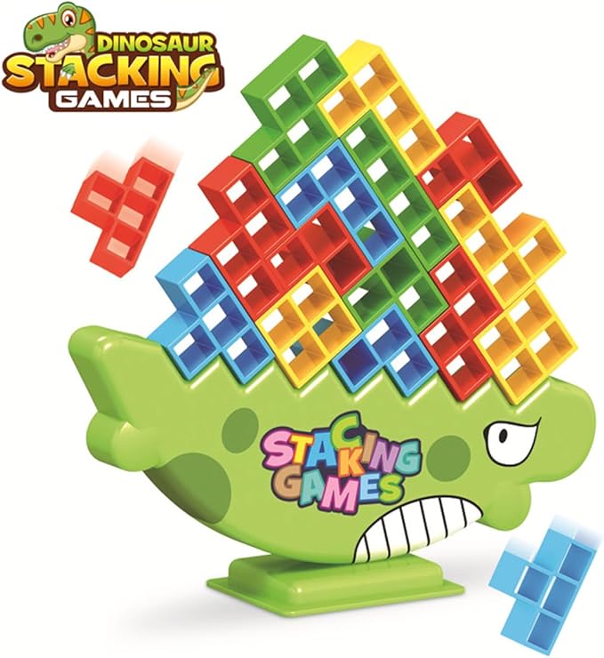 QINGMU 48 PCS Tetra Tower Game, Tetra Tower Balance Stacking Blocks Game, Dinosaur Balance Stacking Team Building Blocks Toy, Team Building Blocks Board Game