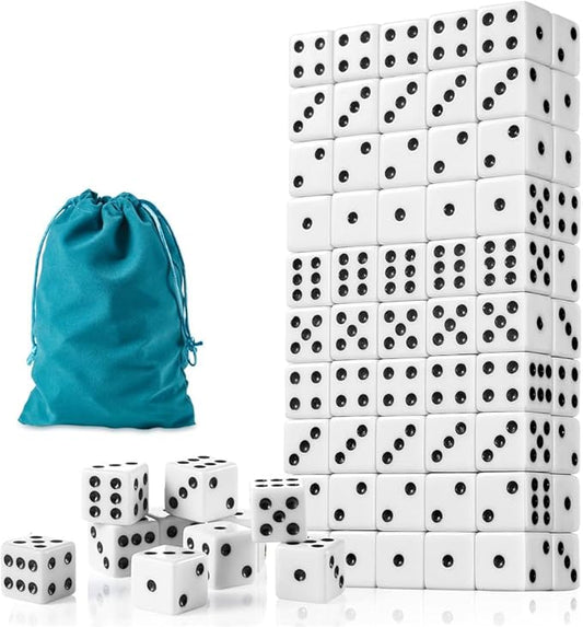 100 Pieces White Dice Set, 16MM Standard Game Dices, Opaque Six-Sided Dice with Pouch, Black Dot Bulk White Dice for Group Event, Board Games, Classroom Math
