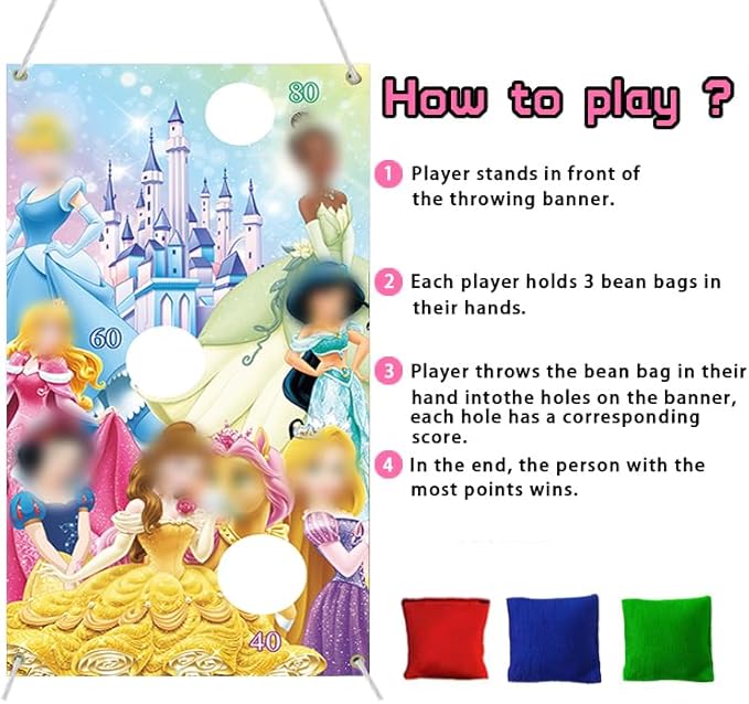 Princess Toss Game Banner with 3 Bean Bags for Girls Birthday Indoor Outdoor Throwing Games Princess Party Decoration Supplies