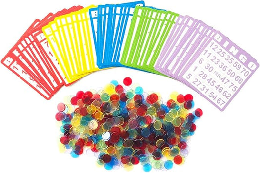 Yuanhe Bingo Cards Game Set - Includes 50 Bingo Cards and 500 Colorful Transparent Bingo Chips, for Bingo Games and Card Games