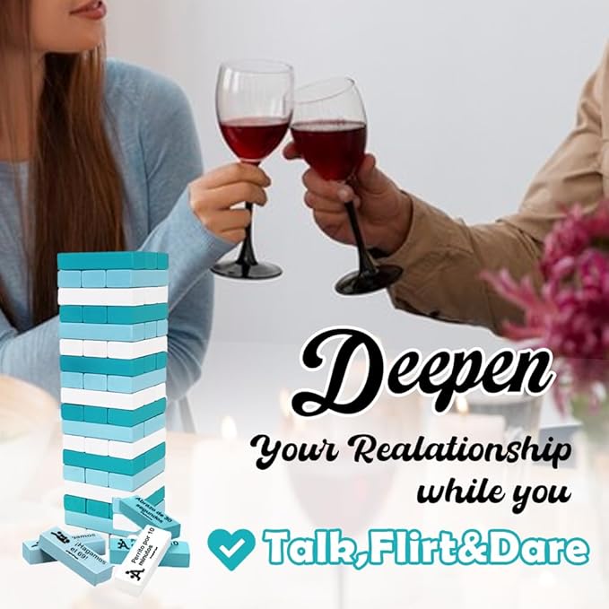 1step2dream Spanish Tease Tower Jenga for Couples, Español Block, Flirty Stacking Blocks for Date Night, Hot Tumbling Tower with Naughty Tasks, Romantic Wooden Game