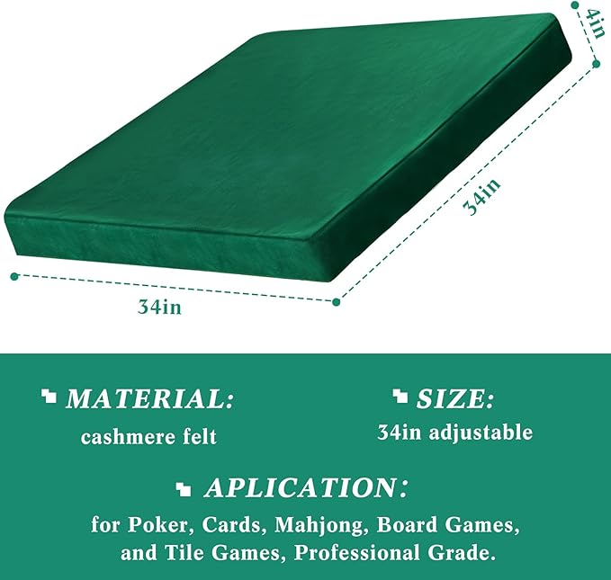 Folding Tablecloth - Green Felt Table Cover for Card Games, Poker, Mahjong, Jigsaw Puzzles & Board Games - 34 x 34 x 4 Inch