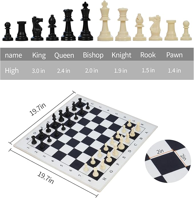 19.7" Foldable Chess Mat Set – Soft Black & White Fabric Chess Board with 3-Inch Staunton Pieces – Portable Travel Chess Game for Kids and Beginners – Includes Storage Bag