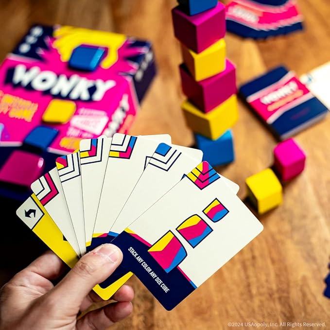 Wonky: The Unstable Party Game, An Abstract Strategy and Dexterity Wooden Block Stacking Game for All Ages, Tower Balancing Game, 9 Colorful Wooden Cubes,1+ Players, Ages 8 & Up, 20+ minute Play Time