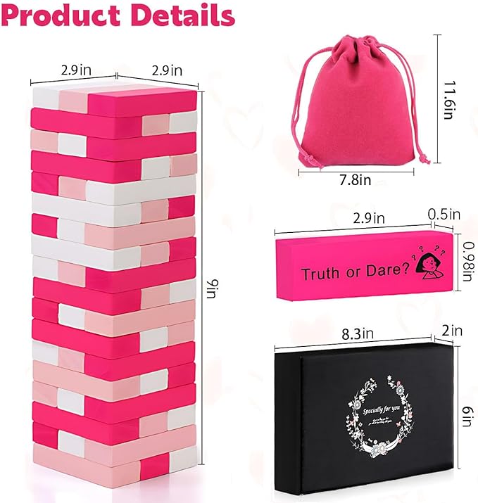VKX 54 Pcs Super Naughty Block Tower Game, Valentine Tumbling Wooden Tower Stacking Blocks, Date Night Games & Fun Couple Activities, Stacking Wooden Block Game for Lover