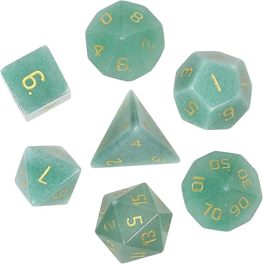 TUMBEELLUWA Engraved Crystal Stone Polyhedral Dice Set for RPG MTG Dungeons and Dragons Table Game 7 Pieces DND Board Game Dices with Pouch, Green Aventurine