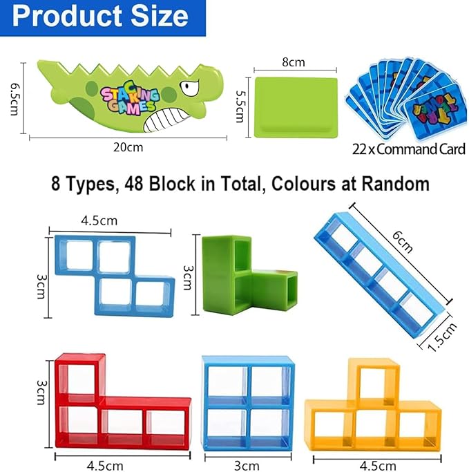 QINGMU 48 PCS Tetra Tower Game, Tetra Tower Balance Stacking Blocks Game, Dinosaur Balance Stacking Team Building Blocks Toy, Team Building Blocks Board Game