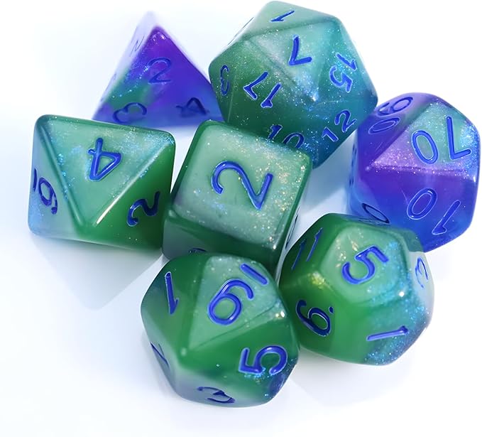 DND Dice Set with Dragon Totem Metal Gife Case, Dungeons and Dragons Dice Set,Polyhedral Dice Set Filled with Shiny Glitters,Role Playing Games and Tabletop Games (Green&Blue Luminous)