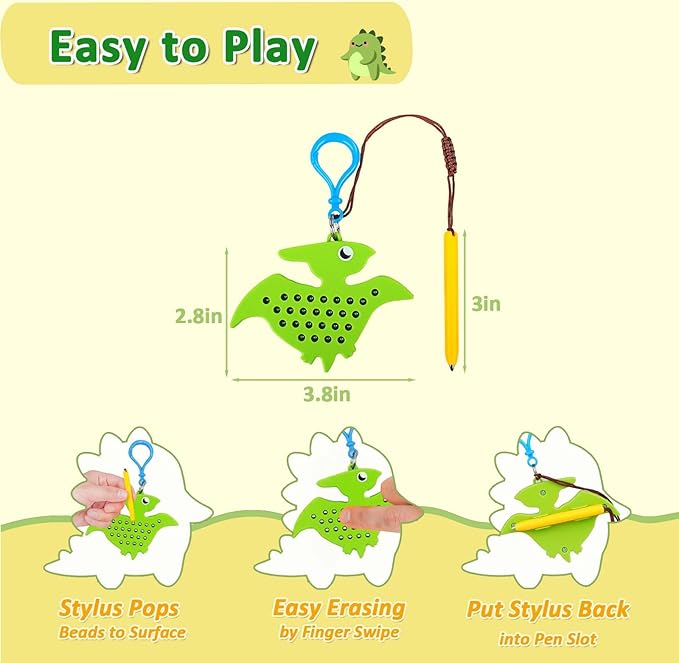 Magnetic Drawing Board for Kids Toddlers with Beads and Magnet Stylus Pen - Keychains Magnetic Dot Art Airplane & Car Ride Road Trip Activities Travel Toys for Kids (Green Pterosaur)