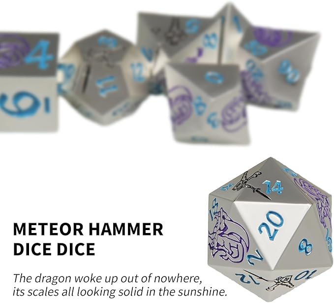 Metal DND Dice Set,Dragons and Warriors DND Dice 7-Pcs Metal Polyhedral Dice Set for Dungeons and Dragons RPG MTG Table Games(Pearl Silver
