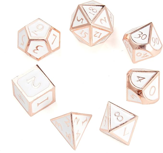 MIYUDAIS Polyhedral Metal Game Dice Rose Gold White 7pc Set for Dungeons and Dragons RPG MTG Table Games D&D Pathfinder Shadowrun