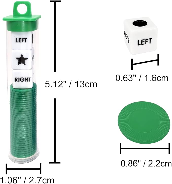 Left Right Center Dice Game Prime Set Bundle with 3 Dices + 36 Chips. Round Tube Storage is Very Convenient for Travel. Easy to Store, Carry Around. (Green)