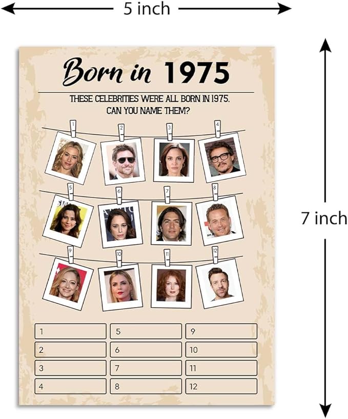 50th Birthday Party Games, Born in 1975 Games, Birthday Party Supplies for Adults, Fun 1975s Party Game，Pack of 30 Cards