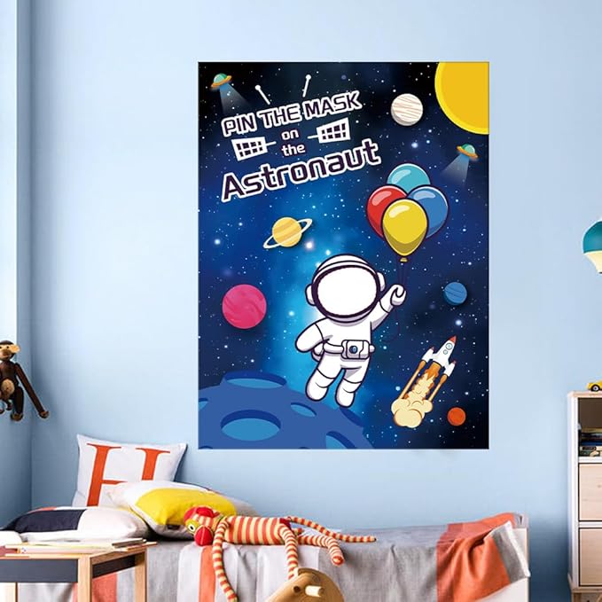 Pin The Mask on The Astronaut Games, Space Birthday Games for 24 Players First Trip Around The Sun Sticker Game Astronaut Poster with 24 Stickers and 2 Eye Masks Space Decorations