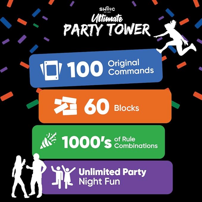 SWOOC Games - Ultimate Party Tower™ - 100 Original Commands, 60 Blocks, & 1000s of Hilarious Rule Combinations - A Tipsy Spin on Fun Classic Games for Power Hour - Ages 21+ - Wooden Tower Blocks Game