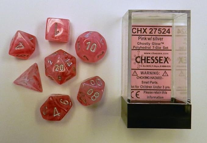Chessex CHX27524 Dice-Ghostly Glow 7Pc Set, Pink/Silver, Large (18mm - 25mm)