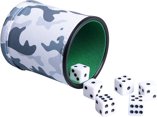 PU Leather Dice Cup with 6 Dice, Felt Lined Interior Quiet Shaker for Liars Dice/Farkle/Yahtzee Game, Camouflage Patterns